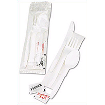 Meal Kit, Med Wt White Plastic Wrapped knife, fork,